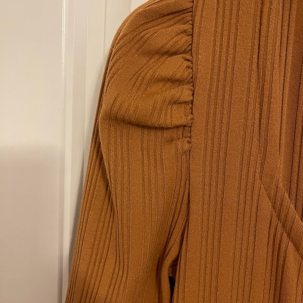 PUFF SHORT SLEEVE MIDCALF DRESS women size S vertical ribbing cinnamon/chestnuts - Picture 5 of 12